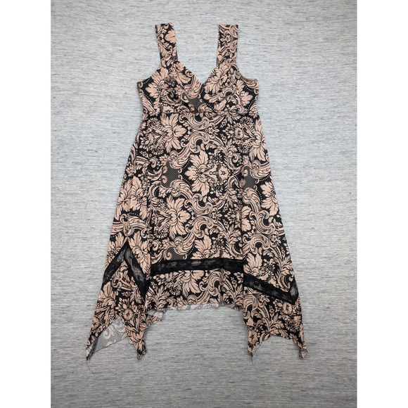 Papillon Handkerchief Hem Babydoll Floral Print Sleeveless Casual Black‎ Beige M - Picture 1 of 9